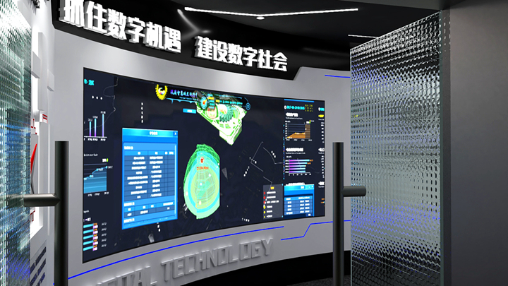 企業(yè)展廳中使用數(shù)據(jù)可視化大屏展示出的企業(yè)信息